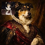 A relaxed dog with black, white, and tan fur lounges on a patterned rug indoors, looking off to the side with a curious expression. The lighting highlights the dog's face and fur texture, while the background is dim and cluttered with household items.