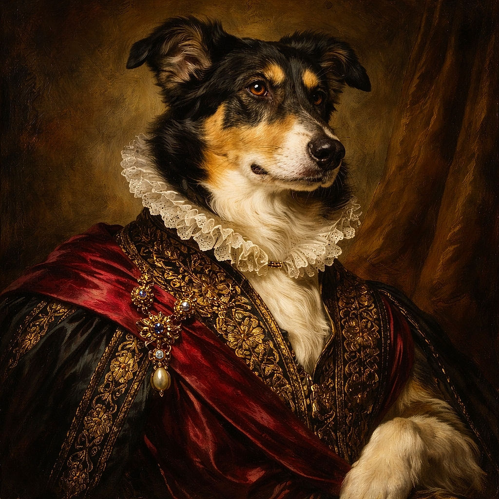 A relaxed dog with black, white, and tan fur lounges on a patterned rug indoors, looking off to the side with a curious expression. The lighting highlights the dog's face and fur texture, while the background is dim and cluttered with household items.