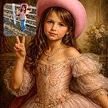 A young girl wearing a bright pink cowboy hat and butterfly shirt strikes a playful pose by a rustic white fence at a dusty outdoor arena, flashing a peace sign with a confident pout.