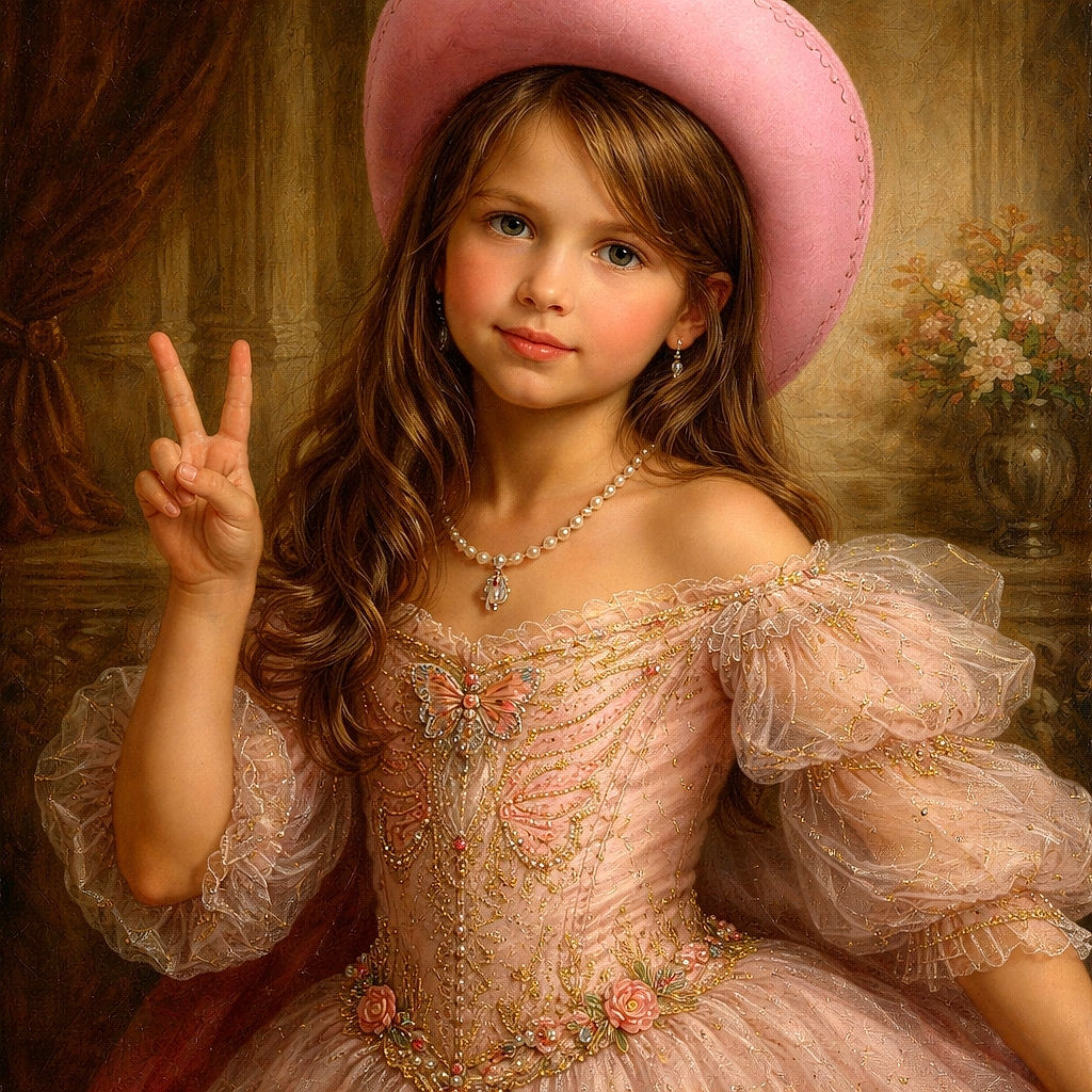 A young girl wearing a bright pink cowboy hat and butterfly shirt strikes a playful pose by a rustic white fence at a dusty outdoor arena, flashing a peace sign with a confident pout.