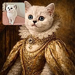 An adorable white kitten with striking blue eyes stands on a soft pink knitted blanket, looking up with wide-eyed curiosity. The background is softly blurred with pastel tones, highlighting the kitten's fluffy fur and innocent expression.