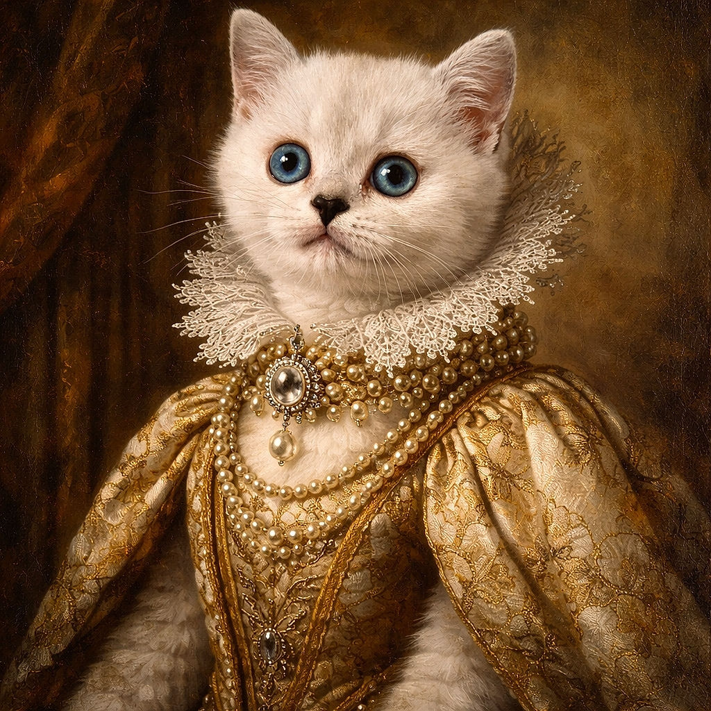 An adorable white kitten with striking blue eyes stands on a soft pink knitted blanket, looking up with wide-eyed curiosity. The background is softly blurred with pastel tones, highlighting the kitten's fluffy fur and innocent expression.