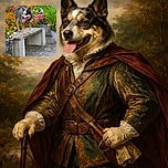 A cheerful dog with a red harness stands proudly on a rustic wooden bench surrounded by vibrant flowers and lush greenery, capturing a perfect sunny day in a beautifully maintained garden.
