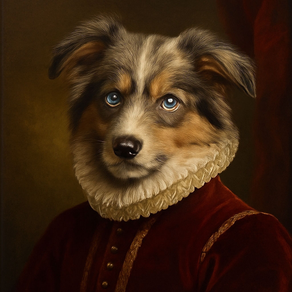 A close-up of an adorable puppy with striking blue eyes, tongue playfully sticking out, wearing a red harness, looking straight into the camera with a curious and happy expression, set against a softly blurred background.