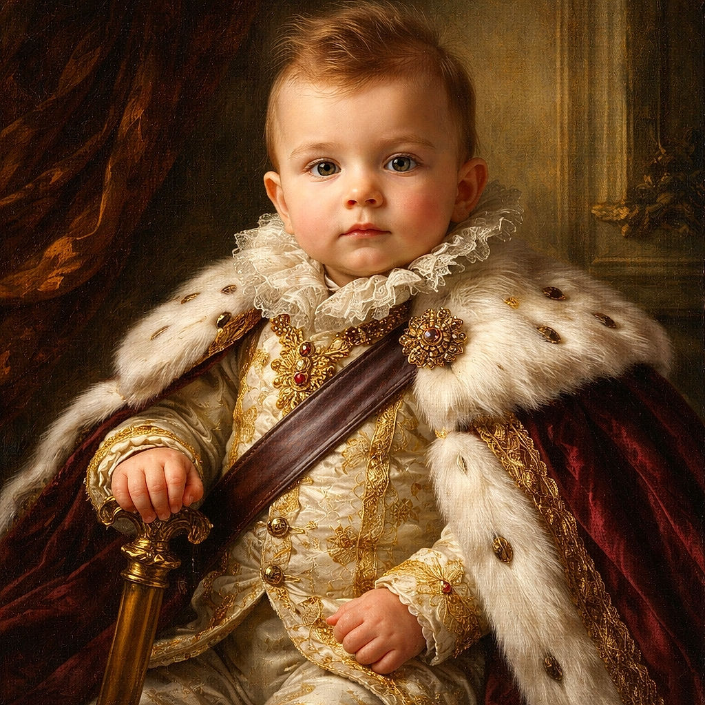 A tiny, very serious CEO-in-training sits strapped in a gray stroller, gripping the front bar like it's a boardroom table. Chubby feet dangle rebelliously, patterned pants peek out, and an ancient stone floor plus draped cloth form the unexpectedly dramatic backdrop — baby glare included at no extra charge.