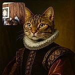 A curious tabby cat is perched among blue and white ceramic vases and figurines in front of a rustic wooden wall, with a framed picture of a robed figure in the background, creating a cozy and artistic scene.