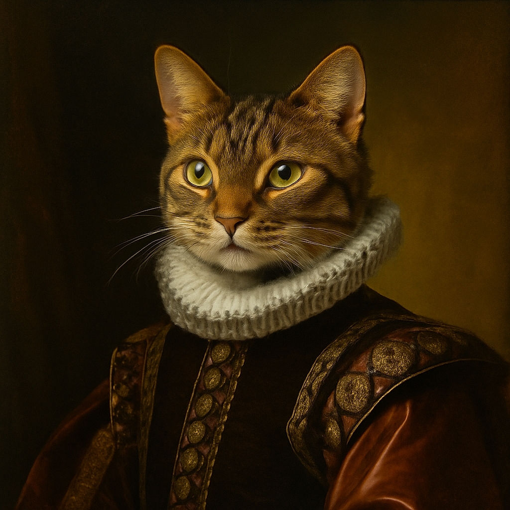 A curious tabby cat is perched among blue and white ceramic vases and figurines in front of a rustic wooden wall, with a framed picture of a robed figure in the background, creating a cozy and artistic scene.