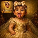 A joyful baby girl in a yellow dress and a big floral bow headband sticks out her tongue with wide eyes, radiating pure happiness against a warm, glowing background that looks like golden fairy dust.