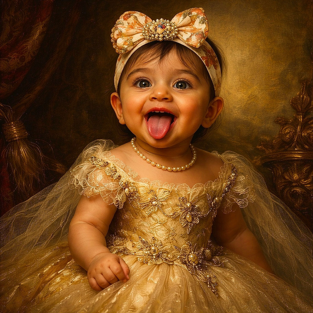 A joyful baby girl in a yellow dress and a big floral bow headband sticks out her tongue with wide eyes, radiating pure happiness against a warm, glowing background that looks like golden fairy dust.