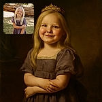 A cheerful young girl with long blonde hair stands outdoors, hugging herself with a shy smile, framed by sunlit greenery and a large fallen log in the background, radiating innocence and warmth.