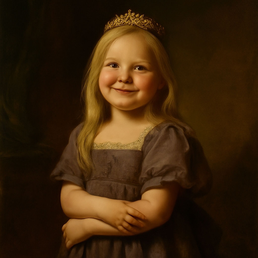 A cheerful young girl with long blonde hair stands outdoors, hugging herself with a shy smile, framed by sunlit greenery and a large fallen log in the background, radiating innocence and warmth.