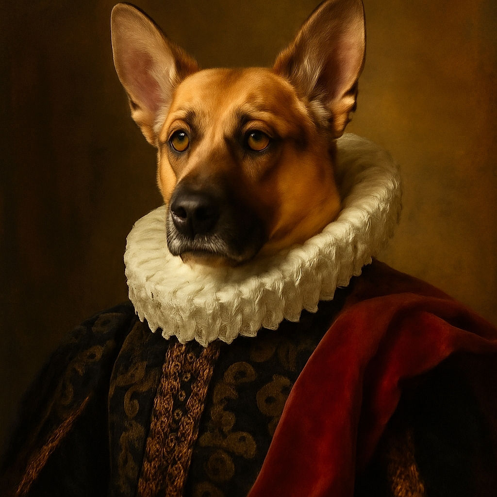 Two dogs lounging comfortably on a cozy bed with patchwork blankets; one dog, a German Shepherd mix, is in the foreground looking alert, while a smaller black dog sits in the background, creating a charming duo of furry friends relaxing indoors.