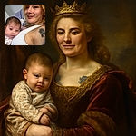 A cozy snapshot of a smiling woman holding a curious baby close, both faces filling the frame with warmth and a hint of sleepy charm, set against a soft purple background and casual home vibe.