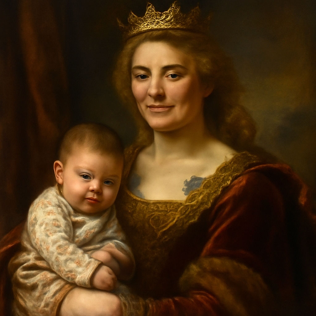 A cozy snapshot of a smiling woman holding a curious baby close, both faces filling the frame with warmth and a hint of sleepy charm, set against a soft purple background and casual home vibe.