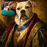 A white dog with a soulful expression lounges on a bright turquoise pillow atop a dark couch, with a colorful blanket featuring text and Halloween-themed designs draped in the background, creating a cozy and slightly spooky vibe.