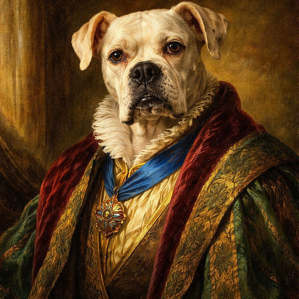 A white dog with a soulful expression lounges on a bright turquoise pillow atop a dark couch, with a colorful blanket featuring text and Halloween-themed designs draped in the background, creating a cozy and slightly spooky vibe.