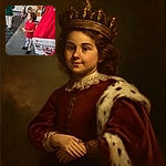 A curious child in a bright red shirt and patterned pants stands on a classroom floor looking to the side, while another person in red holds a newspaper with a headline about butterflies. In the background, other children engage in activities near colorful classroom decorations and a rug.