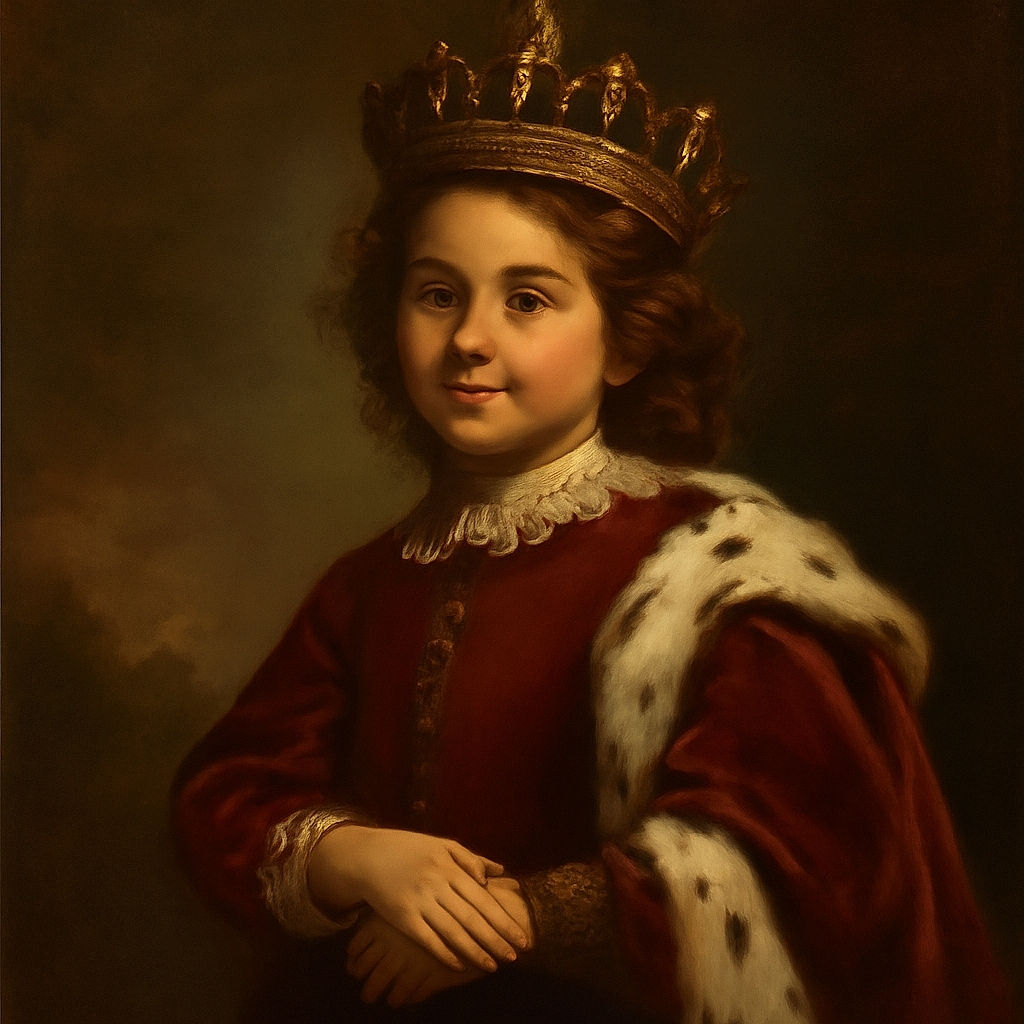 A curious child in a bright red shirt and patterned pants stands on a classroom floor looking to the side, while another person in red holds a newspaper with a headline about butterflies. In the background, other children engage in activities near colorful classroom decorations and a rug.