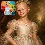 A confident little girl with a blue bow in her hair poses with a charming smile against a vibrant and colorful abstract background, wearing a delicate floral dress and a matching bracelet, radiating youthful joy and innocence.