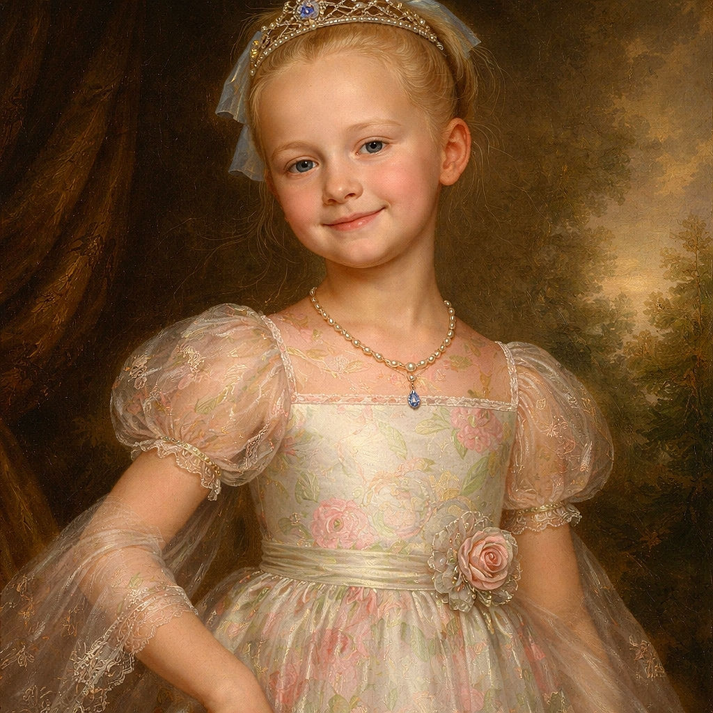 A confident little girl with a blue bow in her hair poses with a charming smile against a vibrant and colorful abstract background, wearing a delicate floral dress and a matching bracelet, radiating youthful joy and innocence.