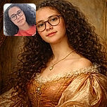 A young person with curly hair and glasses takes a casual selfie wearing a bright coral shirt, the background softly lit and plain, giving a relaxed and natural vibe.