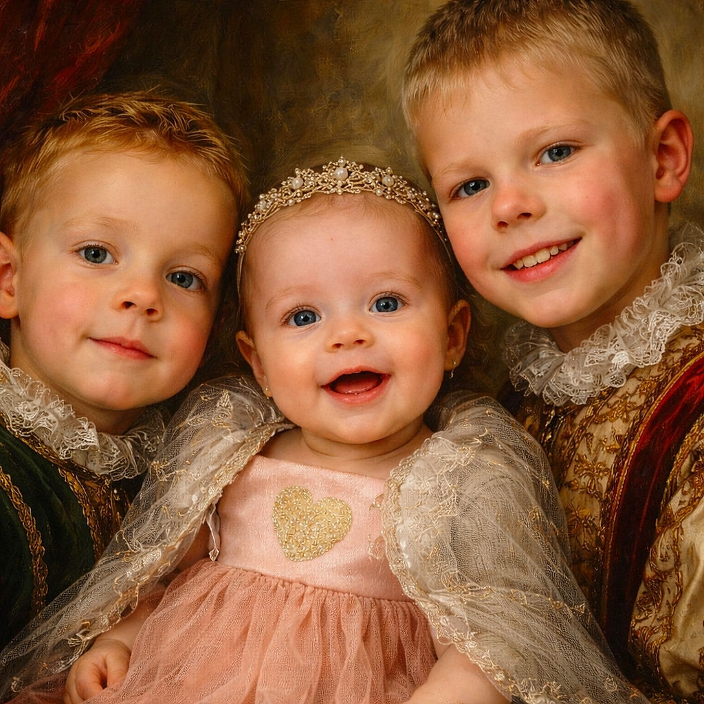 Three siblings cram into a joyful close-up — a giggling baby in a pink dress with a glittery heart between two smiling brothers. The photo is shown as a phone wallpaper, so app icons and the status bar peek over the top like nosy onlookers.