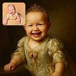 A joyful baby wearing a delicate pearl headband and a frilly dress is captured mid-laugh, lying on a soft, textured beige blanket that complements the outfit perfectly.