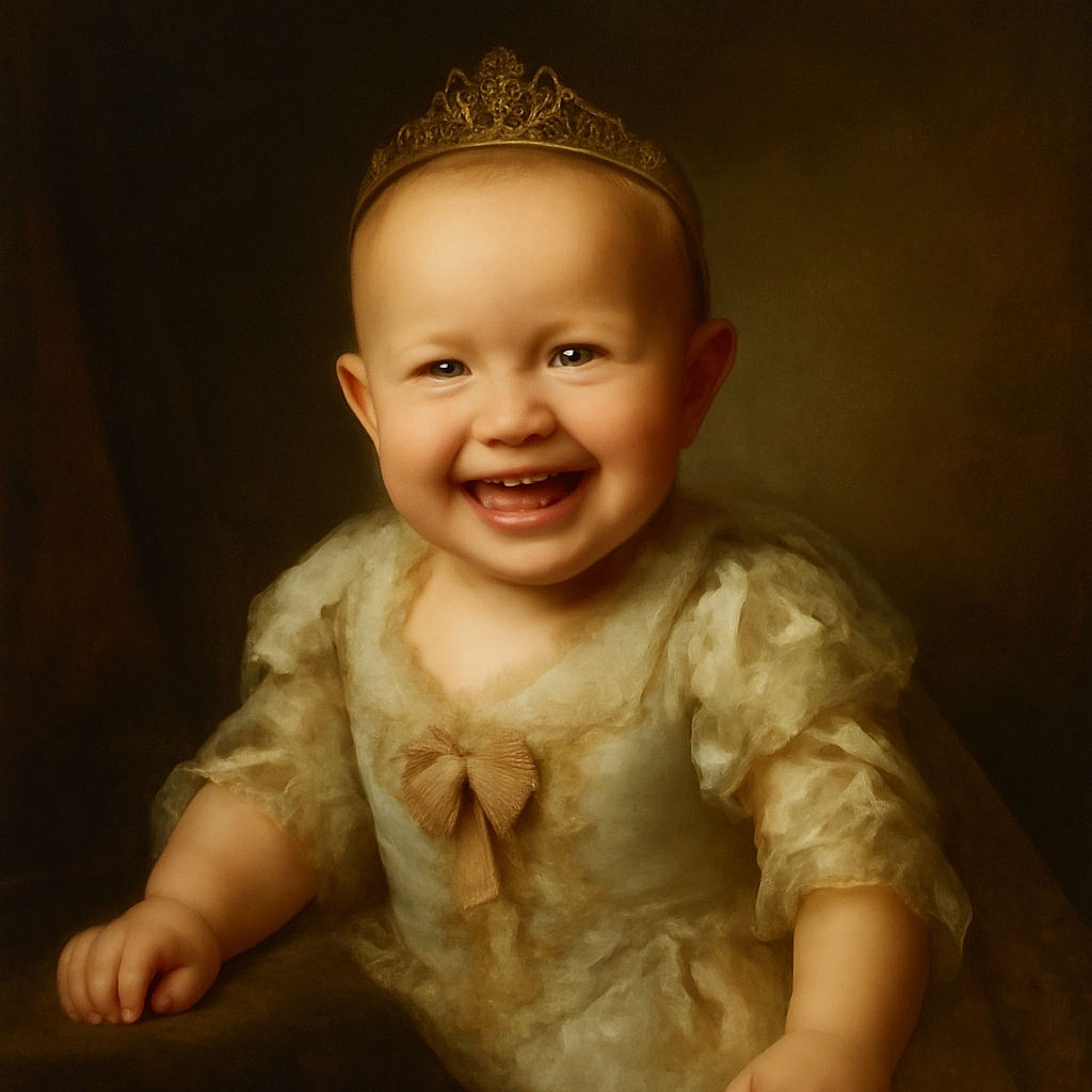 A joyful baby wearing a delicate pearl headband and a frilly dress is captured mid-laugh, lying on a soft, textured beige blanket that complements the outfit perfectly.