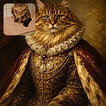 A fluffy tabby cat with striking green eyes sits regally on a textured pink rug in front of white tiled walls, looking directly at the camera with an air of feline majesty.