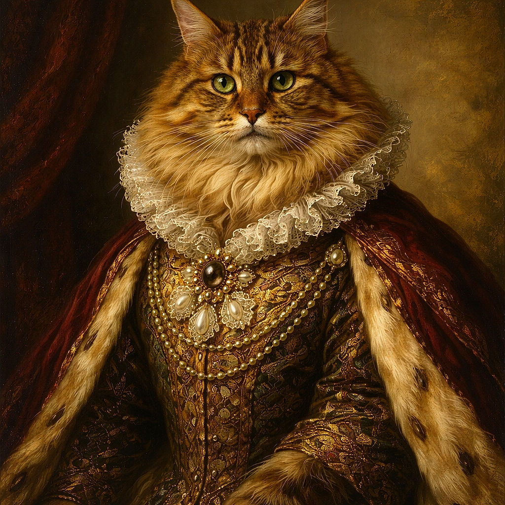 A fluffy tabby cat with striking green eyes sits regally on a textured pink rug in front of white tiled walls, looking directly at the camera with an air of feline majesty.