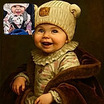 A joyful baby bundled up in a cozy floral jacket and a cute bear-eared hat, grinning widely while snuggled under a blue blanket in a stroller, capturing a heartwarming moment of pure happiness.