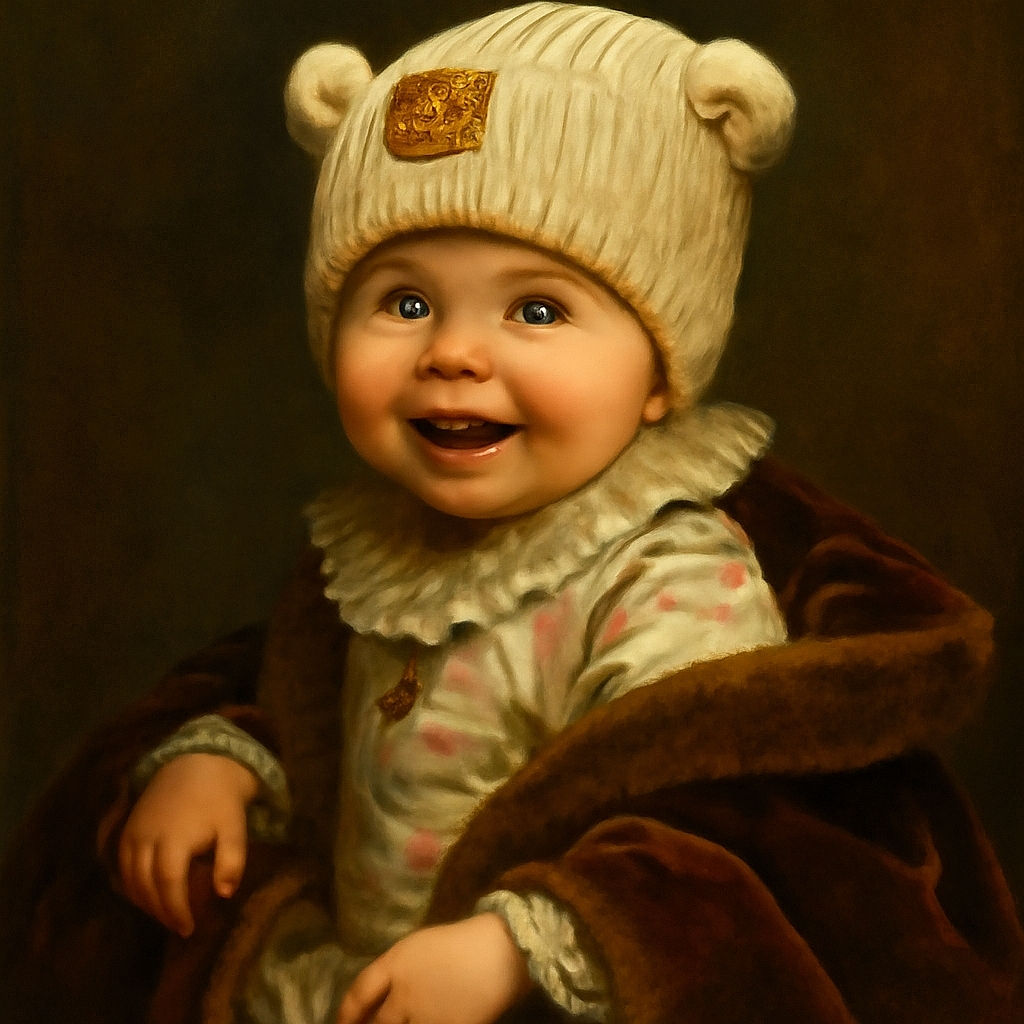 A joyful baby bundled up in a cozy floral jacket and a cute bear-eared hat, grinning widely while snuggled under a blue blanket in a stroller, capturing a heartwarming moment of pure happiness.