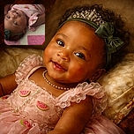 A charming baby lies on a cozy pink and white blanket, wearing a cute pink outfit with watermelon prints and a green headband, looking up with a curious and happy expression.