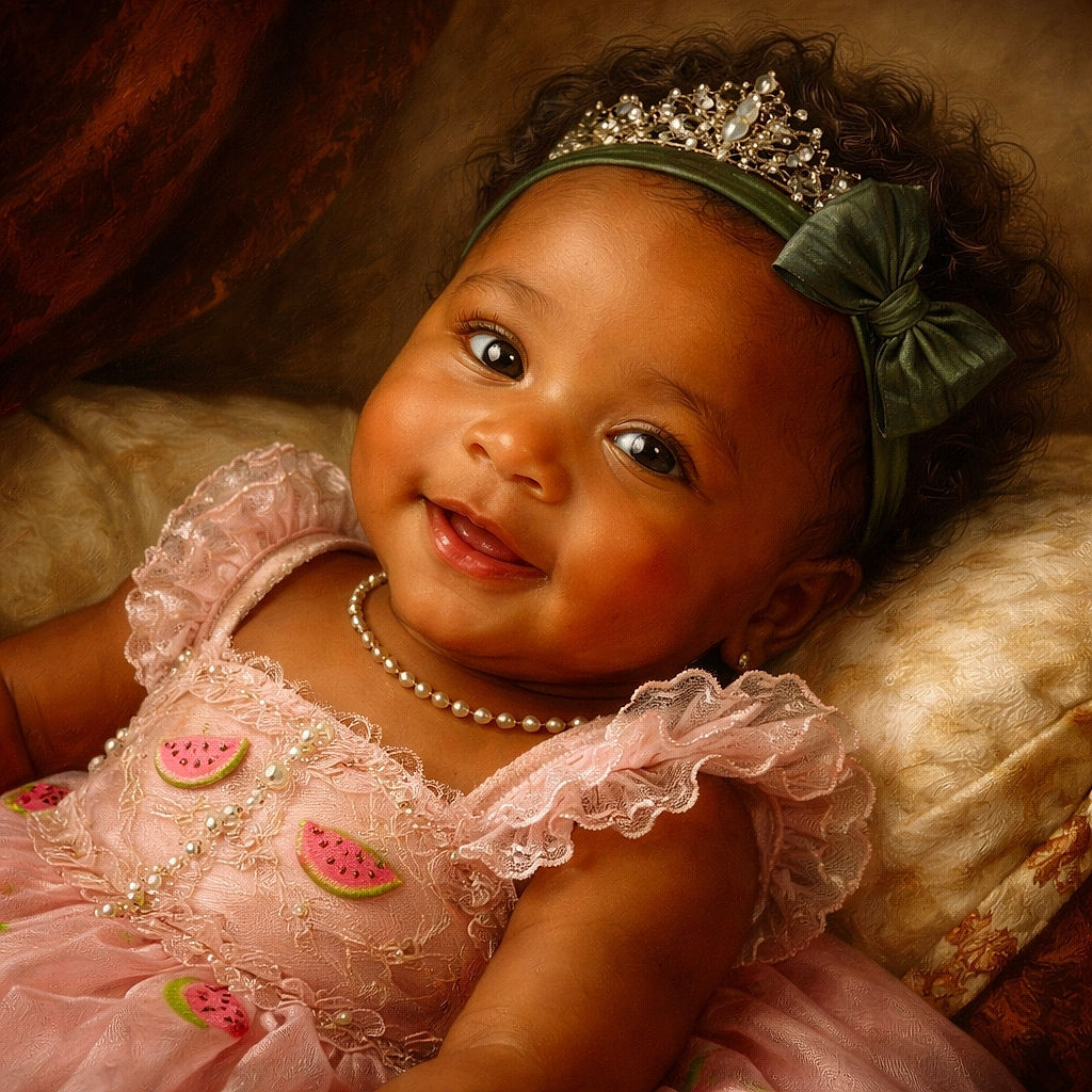 A charming baby lies on a cozy pink and white blanket, wearing a cute pink outfit with watermelon prints and a green headband, looking up with a curious and happy expression.