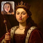 A young person with long wavy brown hair is lying on a bed making a playful duck face at the camera, with soft sunlight casting striped shadows across the pillow and wall behind.