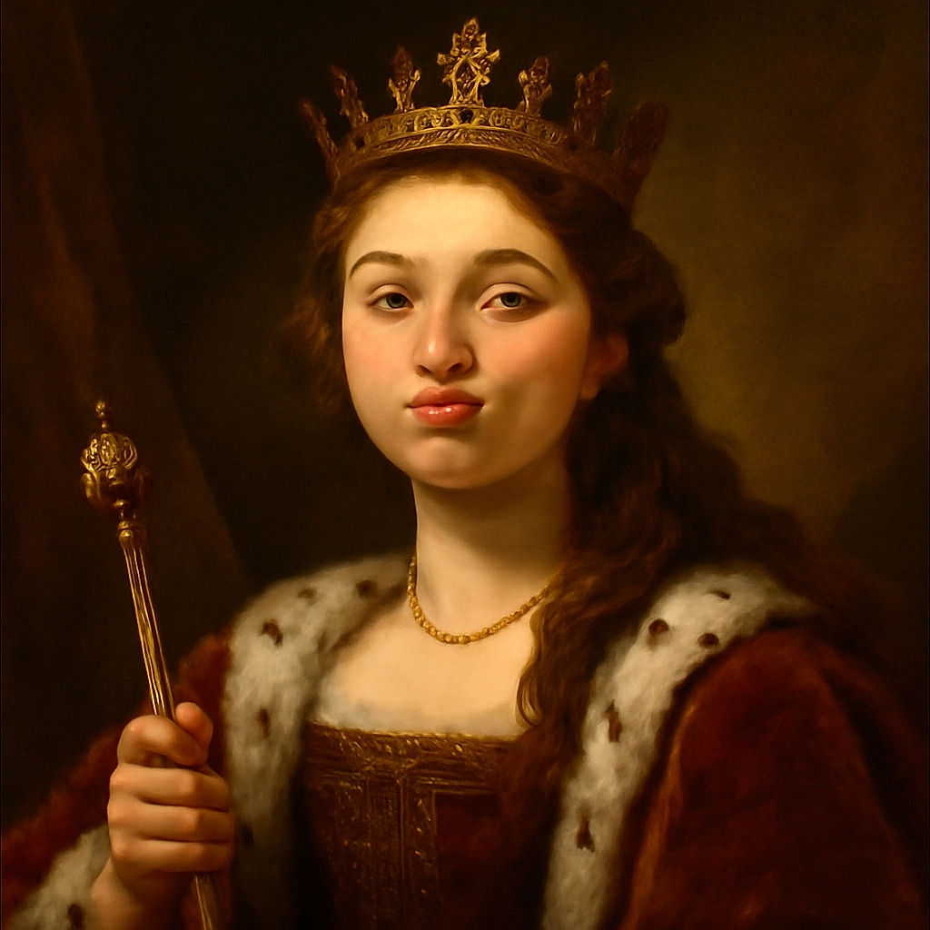 A young person with long wavy brown hair is lying on a bed making a playful duck face at the camera, with soft sunlight casting striped shadows across the pillow and wall behind.