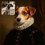 A joyful dog sitting on a cozy bed, caught mid-yawn with eyes closed and mouth wide open, radiating pure happiness in a warmly lit room with homey decor in the background.