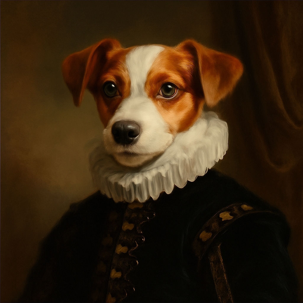 A joyful dog sitting on a cozy bed, caught mid-yawn with eyes closed and mouth wide open, radiating pure happiness in a warmly lit room with homey decor in the background.