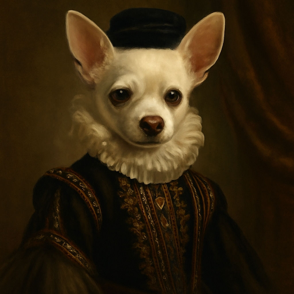 A tiny white Chihuahua wearing a sparkly black tutu dress sits on a dark gray quilted blanket, looking straight at the camera with big curious eyes and perky ears, ready for a night of fancy fun.