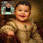 A happy baby with a black bow headband and leopard print sleeves grins joyfully while sitting comfortably in a cushioned shopping cart cover, surrounded by grocery store aisles filled with colorful bottles and products.
