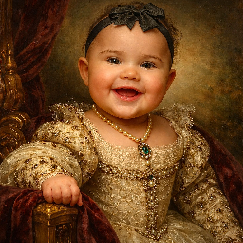 A happy baby with a black bow headband and leopard print sleeves grins joyfully while sitting comfortably in a cushioned shopping cart cover, surrounded by grocery store aisles filled with colorful bottles and products.