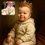 A happy baby with spiky hair is sitting on a soft blanket wearing a fluffy white onesie, flashing a cheeky smile that could melt anyone's heart, surrounded by cozy home vibes and a few colorful toys.