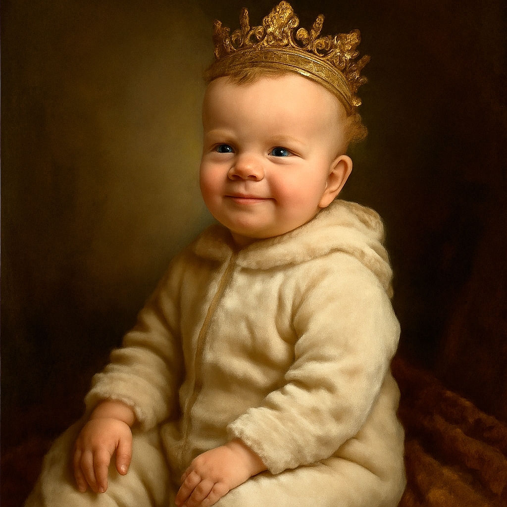A happy baby with spiky hair is sitting on a soft blanket wearing a fluffy white onesie, flashing a cheeky smile that could melt anyone's heart, surrounded by cozy home vibes and a few colorful toys.