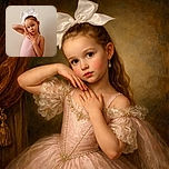 A little girl wearing a large white bow and a pink outfit strikes a playful pose with puckered lips and hands framing her face against a plain textured wall background.