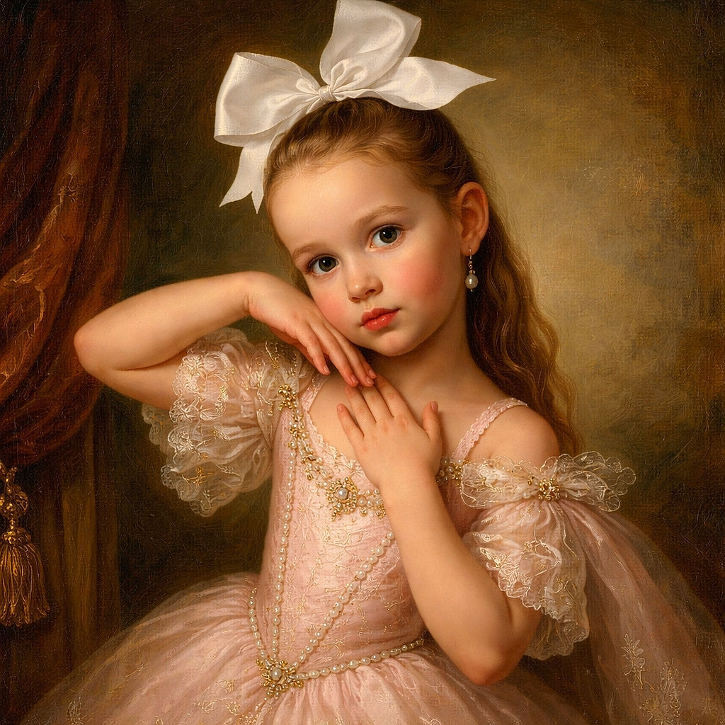 A little girl wearing a large white bow and a pink outfit strikes a playful pose with puckered lips and hands framing her face against a plain textured wall background.
