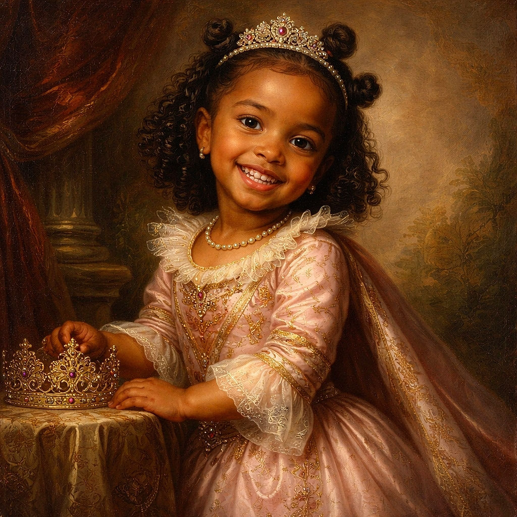 A tiny fashion icon striking a playful head-tilt — grinning ear-to-ear in a pink tracksuit with cute hair buns and a black crossbody bag, clearly ready to model the doorway runway (or request a snack).