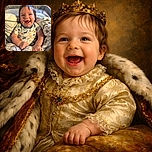 A gleeful baby with a wide toothless grin is bundled up in a cozy blanket and sitting comfortably in a cushioned seat, wearing a cute dinosaur-patterned onesie. The warm kitchen background adds a homely touch to this heartwarming snapshot.