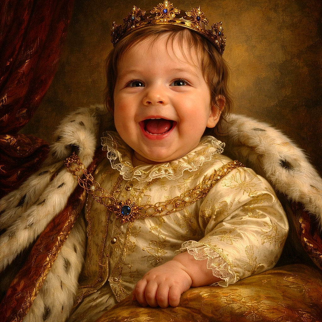 A gleeful baby with a wide toothless grin is bundled up in a cozy blanket and sitting comfortably in a cushioned seat, wearing a cute dinosaur-patterned onesie. The warm kitchen background adds a homely touch to this heartwarming snapshot.