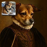 A thoughtful dog lounges comfortably on a soft surface, gazing off to the side with a calm and gentle expression. The background shows a chair and a textured wall, giving a cozy, everyday vibe.