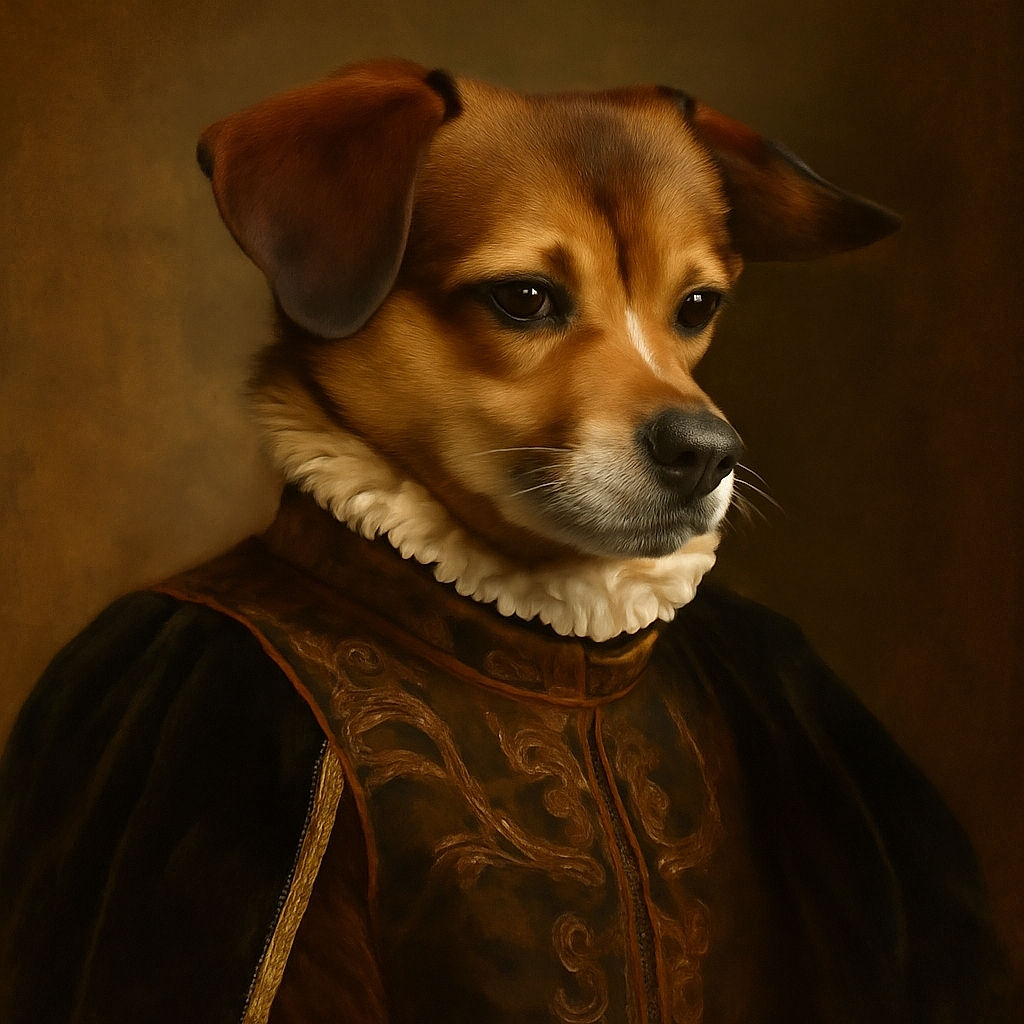 A thoughtful dog lounges comfortably on a soft surface, gazing off to the side with a calm and gentle expression. The background shows a chair and a textured wall, giving a cozy, everyday vibe.